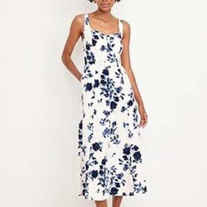NWT Old Navy Fit & Flare Linen-Blend Midi Dress - Blue Floral - X-Small Petite